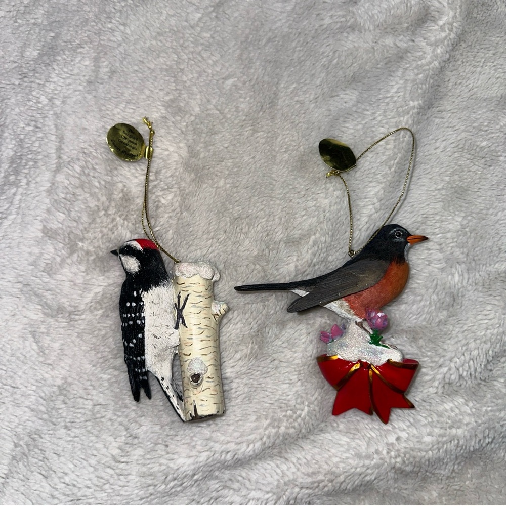 Danbury Mint Songbird Christmas Ornaments Wood Thrush Black Back Goldfinch 2 Set